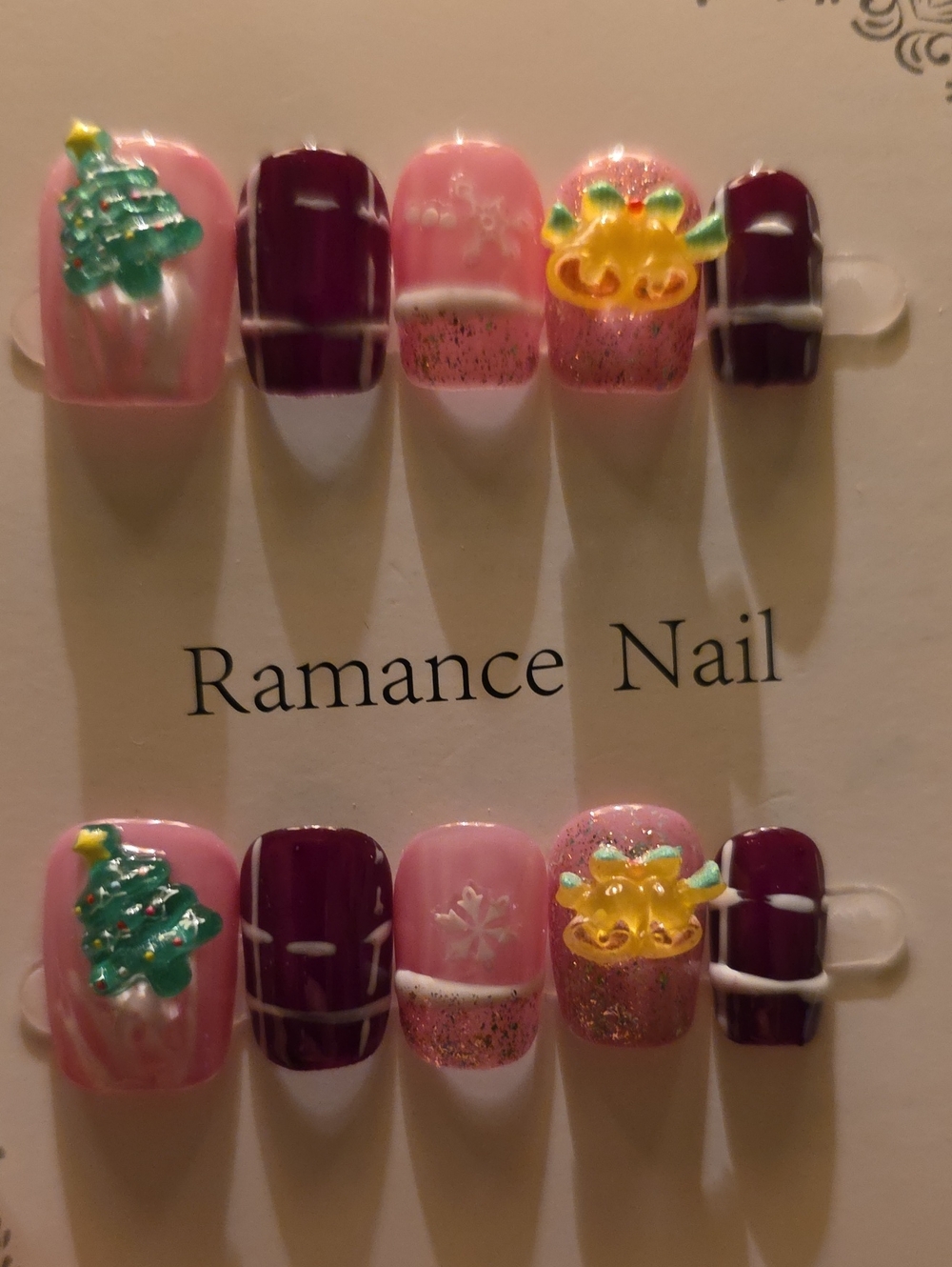 Pink & Burgundy Holiday Press-On Nails Size Med